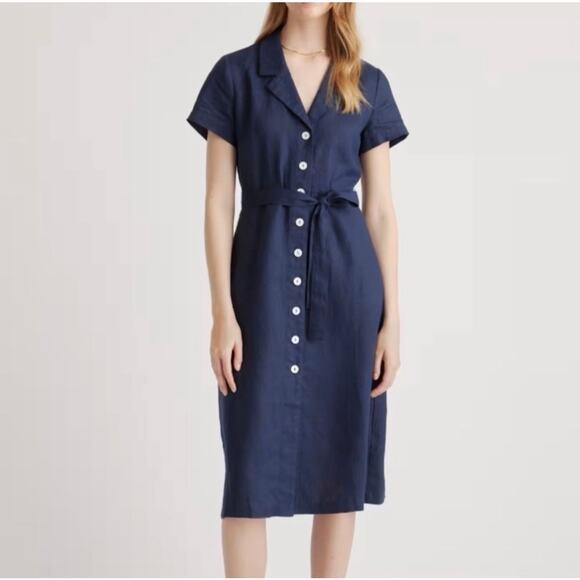 Quince Linen Button Front Short Sleeve Collared Preppy Dress Navy Blue Large - Picture 1 of 6